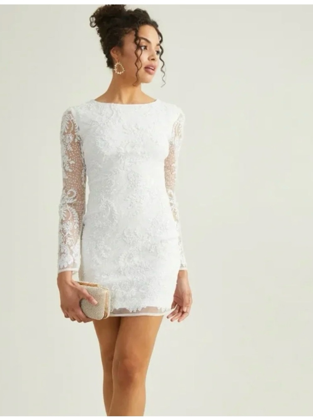 Altar'd State White Lace Long-Sleeve Mini Dress with Sheer Sleeves